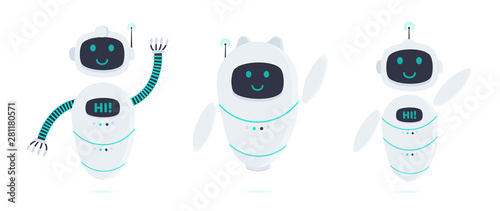 3 robots chatbot icon sign set flat style design vector illustration isolated on white background. Cute AI bots helper mascot character concept symbol business assistant.