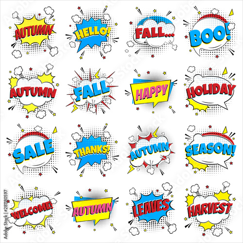 16 Comic Lettering Autumn In The Speech Bubbles Comic Style Flat Design. Dynamic Pop Art Vector Illustration Isolated On White Background. Exclamation Concept Of Comic Book Style Pop Art Voice Phrase.