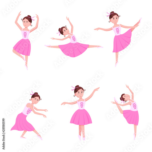 Young beautiful ballerinas set dressed in tutu and pointe shoes standing at the pose flat style design vector illustration isolated on white background. Elegant young character of classic ballet.