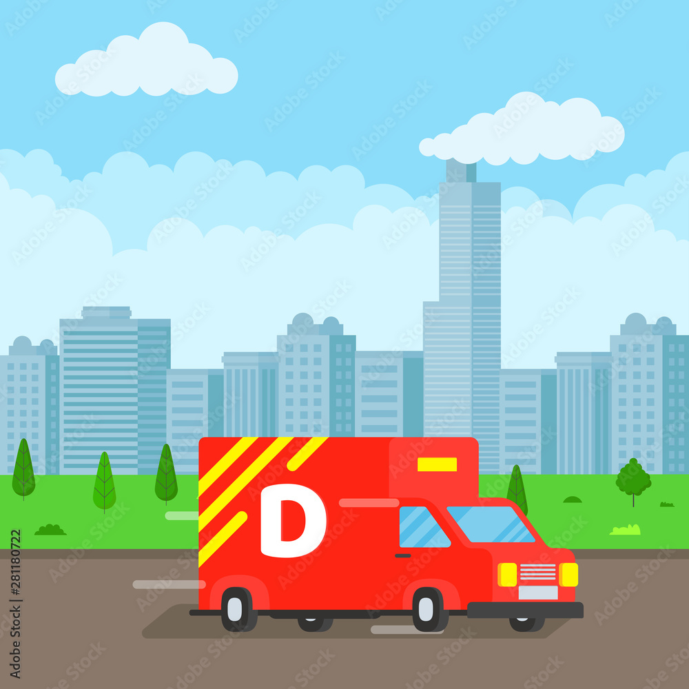 Fast delivery truck service on the road. Car van with city landscape behind flat style design vector illustration isolated on light blue background.  Symbol of delivery company.