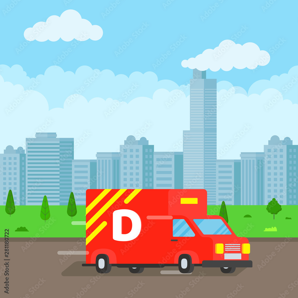 Fast delivery truck service on the road. Car van with city landscape behind flat style design vector illustration isolated on light blue background. Symbol of delivery company. Fast delivery truck service on the road. Car van with city landscape behind flat style design vector illustration isolated on light blue background. Symbol of delivery company.