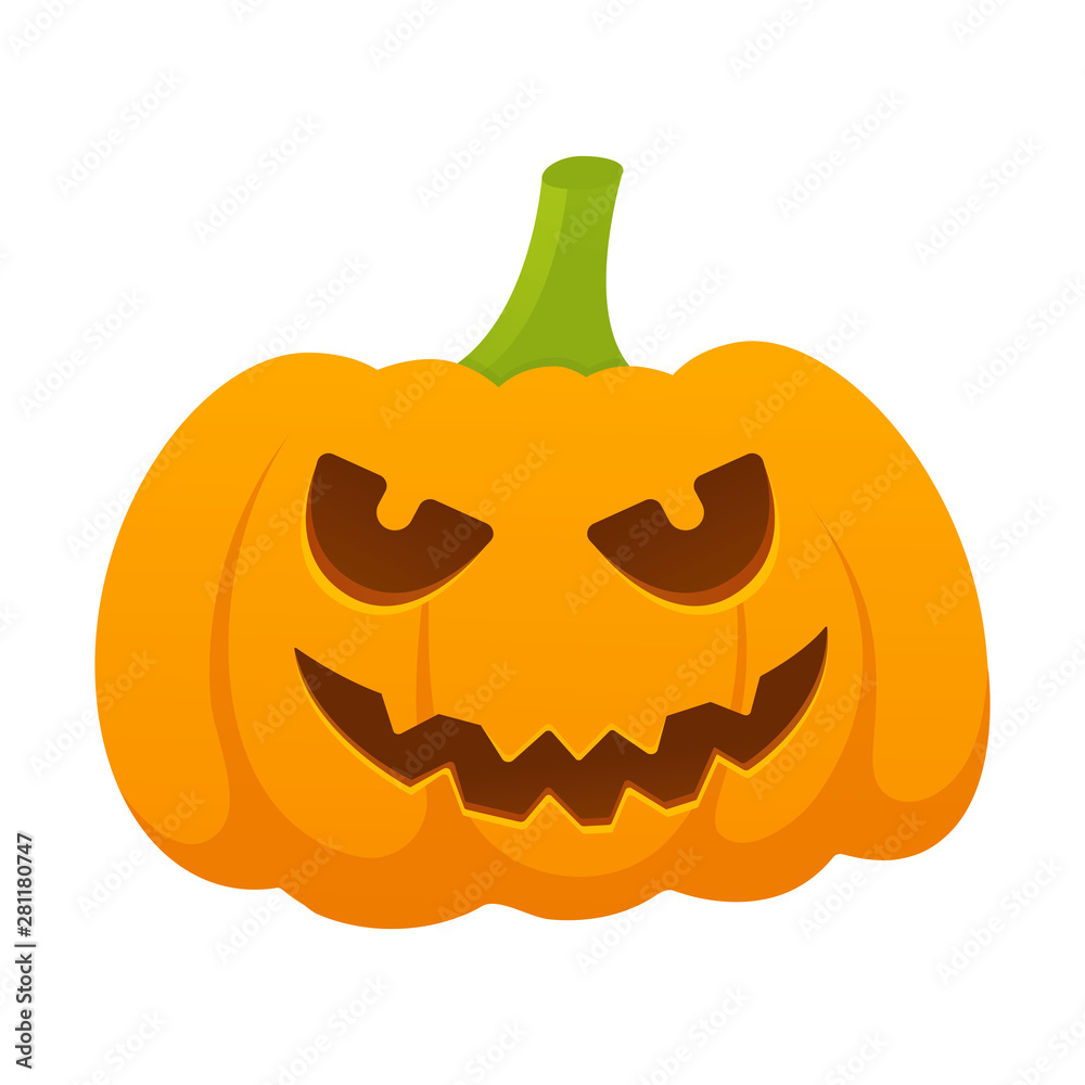 Fototapeta premium Orange halloween pumpkin with scary face expression grimace flat style design vector illustration isolated on white background.