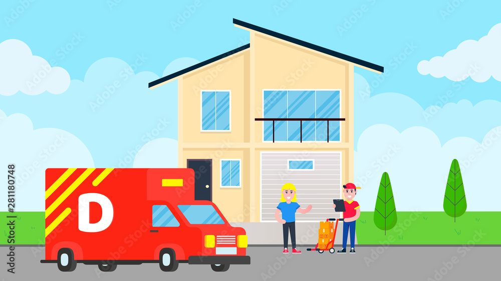 Fast delivery boy character with clipboard and trolley and boxes on it flat style design standing near woman behind building and car van. Delivery to home concept. Fast and free.
