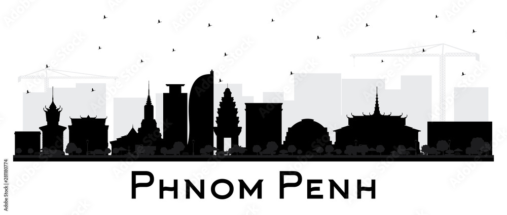 Phnom Penh Cambodia City Skyline Silhouette with Black Buildings Isolated on White.