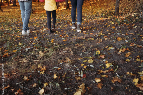 Fall family leisure. Cropped back view of parents walking with their child in nature park. Fallen leaves on ground.