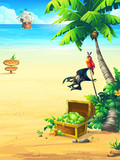 The ocean coast with chest, parrot, palm tree, pirate ship