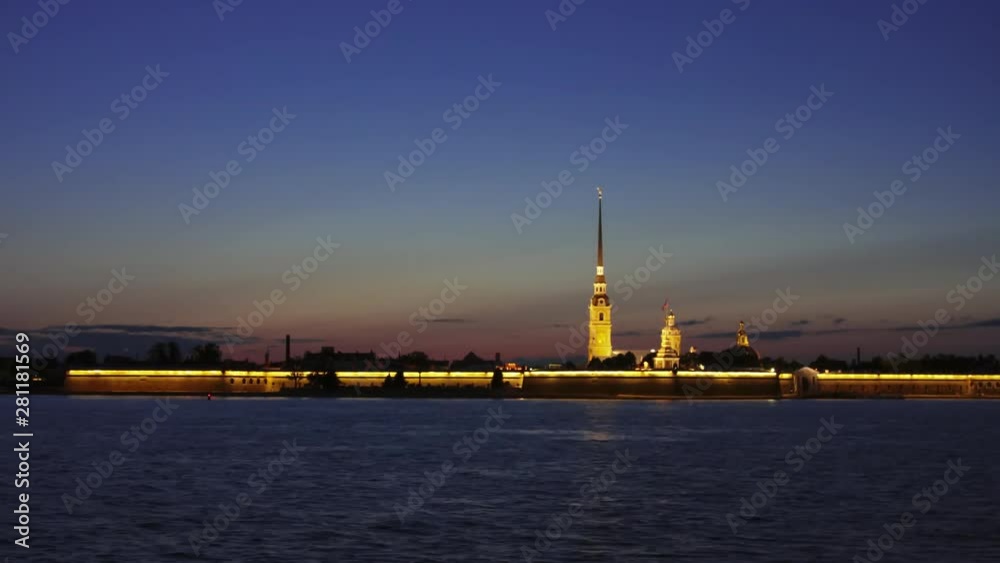 Time lapse of night with Peter and Paul fortress, Saint-Petersburg, Russia. Ships on Neva river