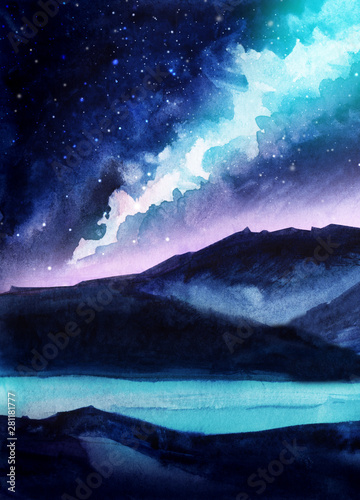 Night landscape. Dark silhouettes of mountains. Starry sky with northern lights. Milky Way. Pink and blue rays. The surface of the water or lake. Mystical place. Hand-drawn watercolor illustration