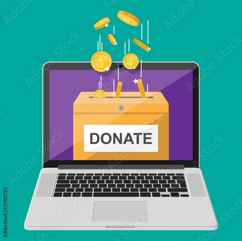 Donate online concept. Donation box with golden coins and laptop. Charity, donate, help and aid concept. Vector illustration in flat style