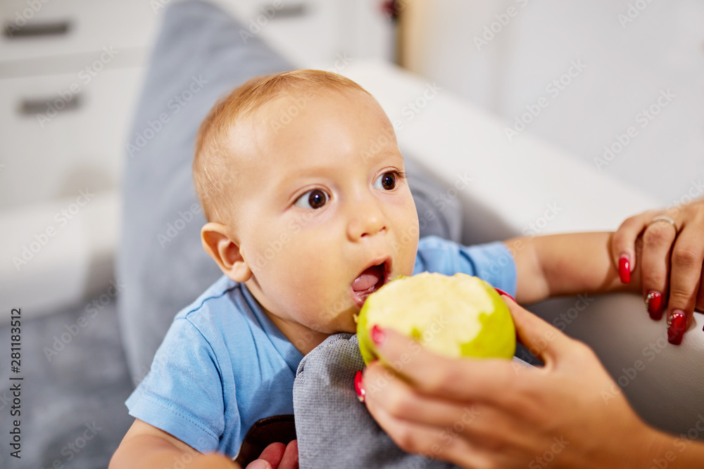 Parents feeding their baby with healthy green apple. Parents feeding their baby with healthy green apple.