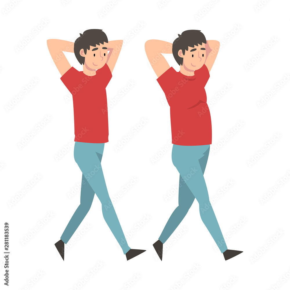 Guy in Casual Clothes Walking with Hands Thrown, Man Before and After Weight Loss, Male Body Changing Through Healthy Nutrition or Sports Vector Illustration Guy in Casual Clothes Walking with Hands Thrown, Man Before and After Weight Loss, Male Body Changing Through Healthy Nutrition or Sports Vector Illustration