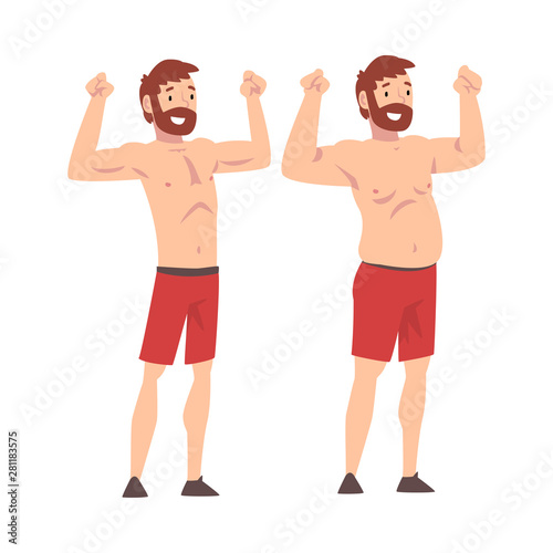 Fat and Slim Man, Bearded Man Before and After Weight Loss, Male Body Changing Through Healthy Nutrition or Sports Vector Illustration