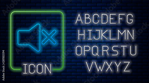 Glowing neon Speaker mute icon isolated on brick wall background. No sound icon. Volume Off symbol. Neon light alphabet. Vector Illustration