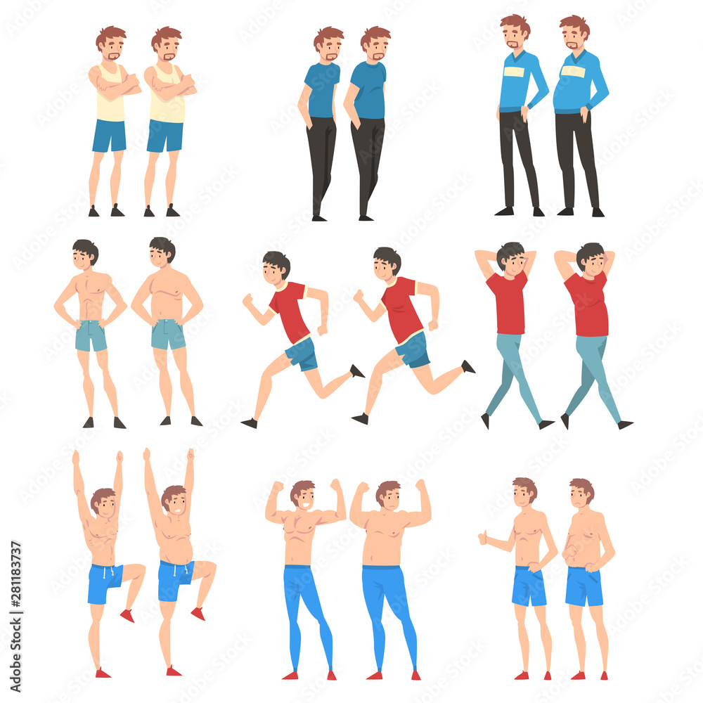 Fototapeta premium Men Before and After Weight Loss Set, Guys Changing Through Healthy Nutrition or Sports Vector Illustration