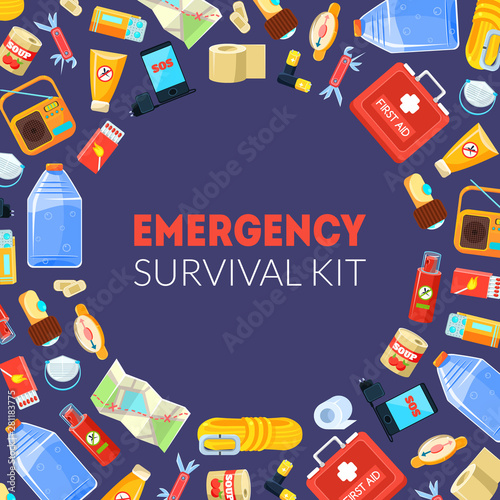 Emergency Survival Kit Banner Template with Travel Necessities Seamless Pattern Vector Illustration