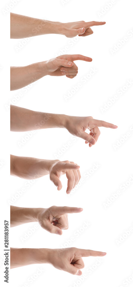 Set of man pointing at something on white background, closeup view of hands