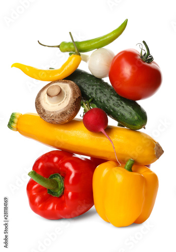 Many different delicious vegetables on white background