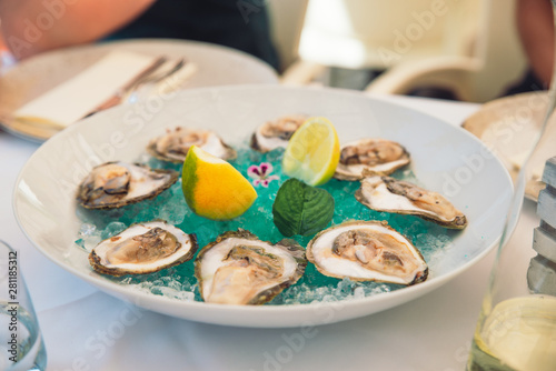 oysters on plate with lime and ice