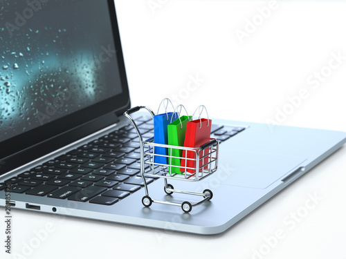 Shopping,Shopping cart on the keyboard of a latop, 3d rendering,conceptual image. online shopping and paying concepts.