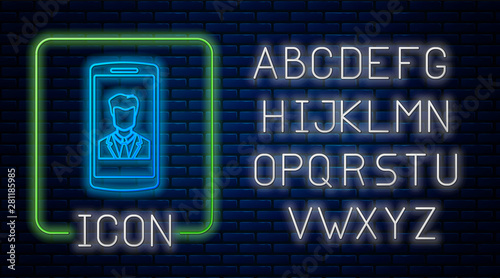 Glowing neon Smartphone with contact on screen icon isolated on brick wall background. Incoming call. Human on phone screen. Call contact. Neon light alphabet. Vector Illustration