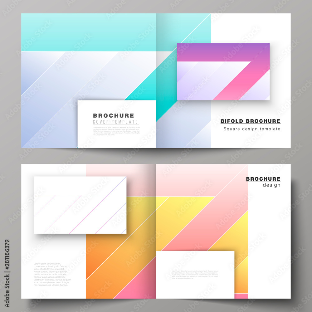 The vector illustration of the editable layout of two covers templates for square design bifold brochure, magazine, flyer, booklet. Creative modern cover concept, colorful background.