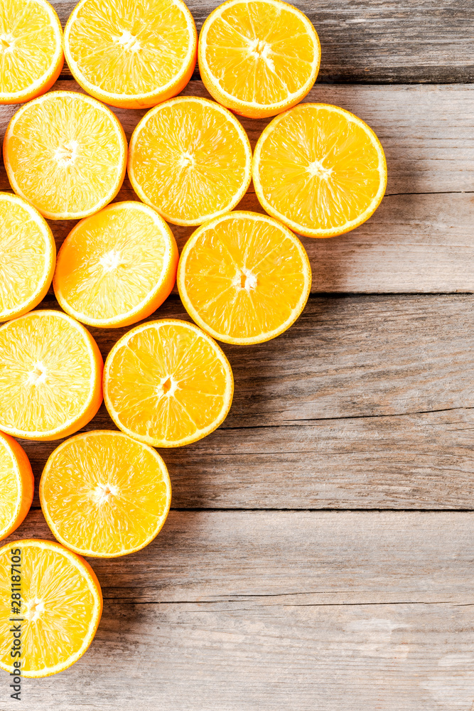 Overhead shot of fresh oranges on wooden background Overhead shot of fresh oranges on wooden background