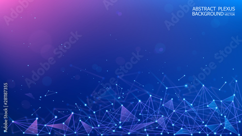 Vector. Blue-purple polygonal plexus background. Neural network. Abstract futuristic 3d image. Science and technology. Microbiology. Macro effect. Lines and points. Particle motion. Blur.
