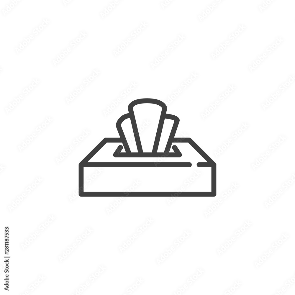 Tissue box line icon. Paper napkins box linear style sign for mobile concept and web design. Wet wipes outline vector icon. Symbol, logo illustration. Vector graphics Tissue box line icon. Paper napkins box linear style sign for mobile concept and web design. Wet wipes outline vector icon. Symbol, logo illustration. Vector graphics