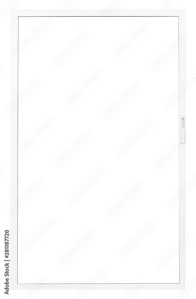 Isolated large thin clear glass plastic window door on white background, Exterior living room house element for design, empty PVC frame panel Isolated large thin clear glass plastic window door on white background, Exterior living room house element for design, empty PVC frame panel