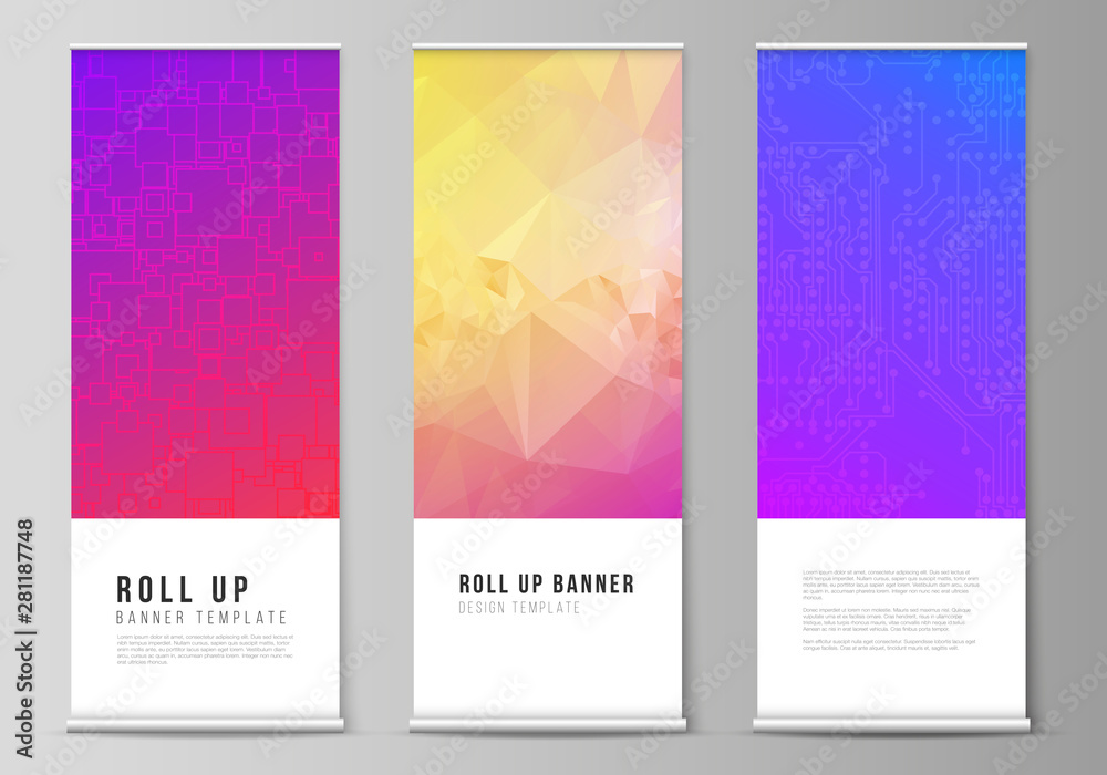 © Raevsky Lab - The vector illustration of the editable layout of roll up banner stands, vertical flyers, flags design business templates. Abstract geometric pattern with colorful gradient business background. © Raevsky Lab - The vector illustration of the editable layout of roll up banner stands, vertical flyers, flags design business templates. Abstract geometric pattern with colorful gradient business background.