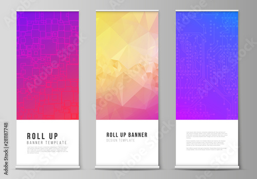 The vector illustration of the editable layout of roll up banner stands  vertical flyers  flags design business templates. Abstract geometric pattern with colorful gradient business background.