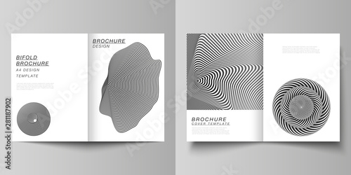 Vector layout of two A4 format modern cover mockups design templates for bifold brochure, flyer, booklet, report. Abstract 3D geometrical background with optical illusion black design pattern.