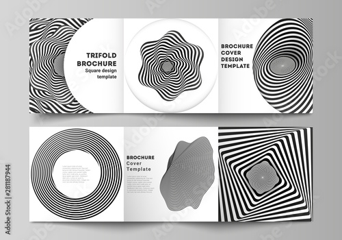 Minimal vector editable layout of square format covers design templates for trifold brochure, flyer, magazine. Abstract 3D geometrical background with optical illusion black and white design pattern.