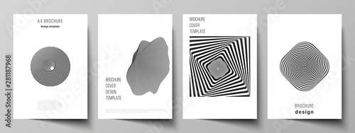 Vector layout of A4 format modern cover mockups design templates for brochure, magazine, flyer, booklet, report. Abstract 3D geometrical background with optical illusion black and white design pattern