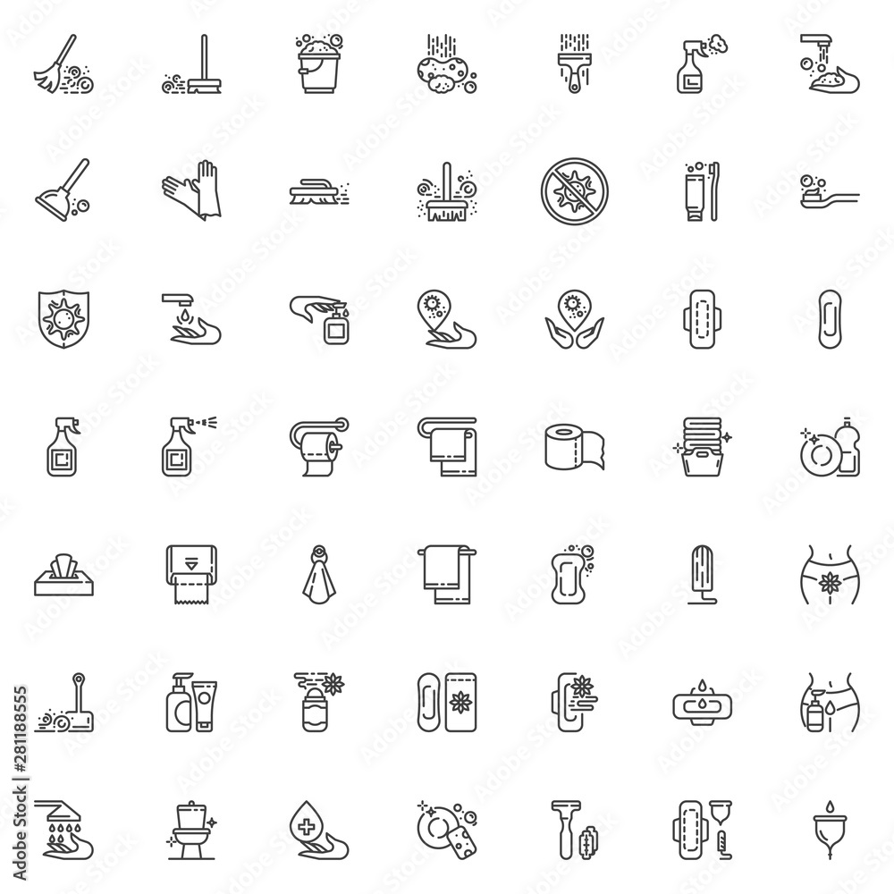 Hygiene line icons set. linear style symbols collection outline signs pack. vector graphics. Set includes icons as Feminine hygiene, wet cleaning, Broom and dust, No bacteria, Hand washing, Detergent Hygiene line icons set. linear style symbols collection outline signs pack. vector graphics. Set includes icons as Feminine hygiene, wet cleaning, Broom and dust, No bacteria, Hand washing, Detergent