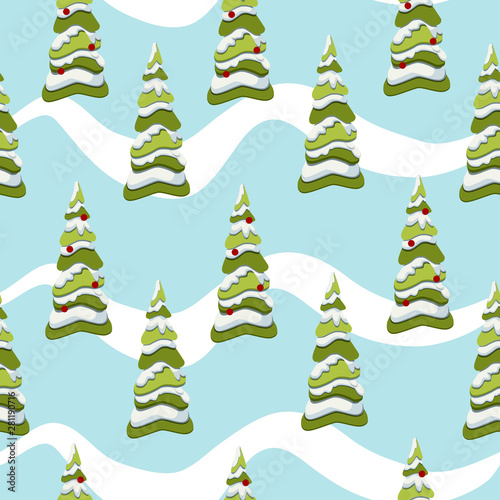 Seamless new year pattern with Christmas trees in the snow.