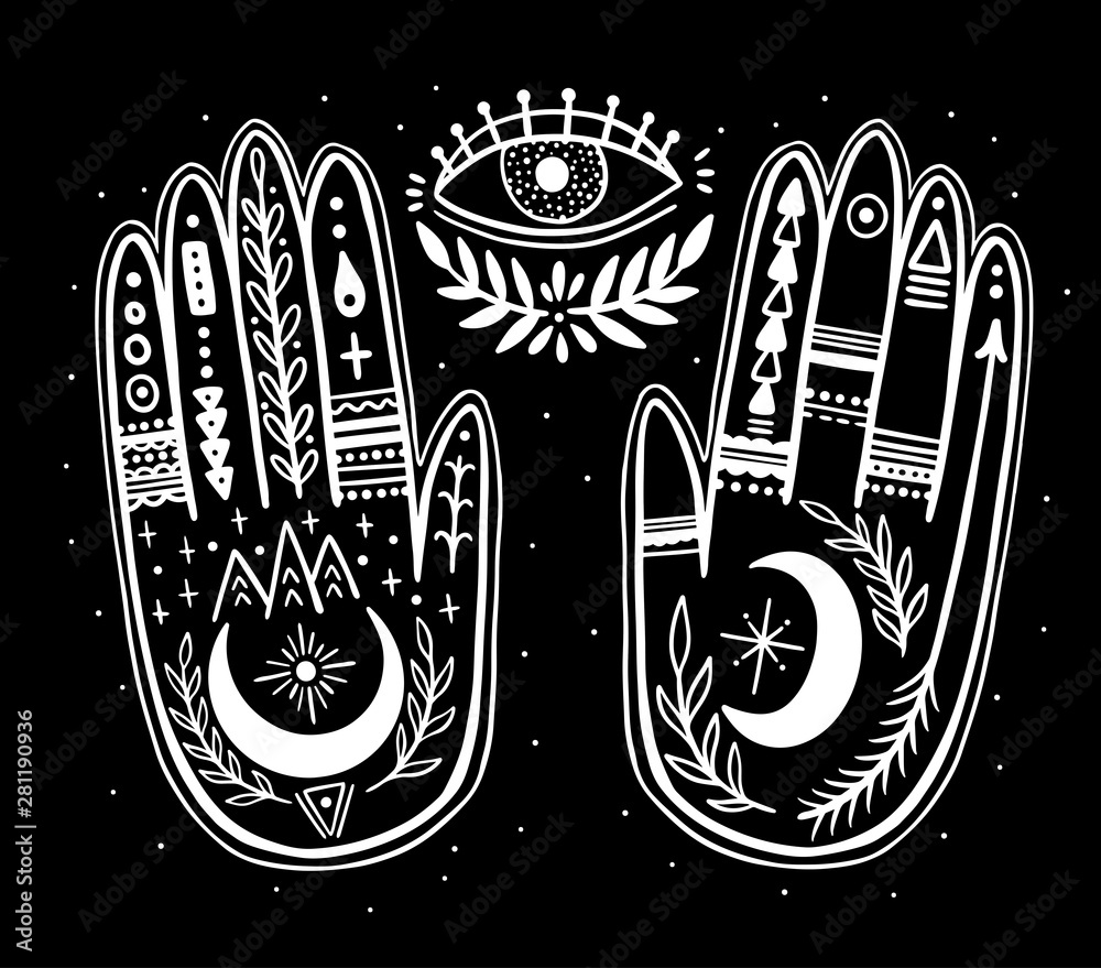 Palmistry of the hand, black and white drawing in a circle on a black ...