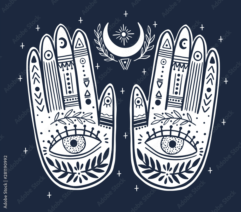 Palmistry of the hand, black and white drawing in a circle on a black ...