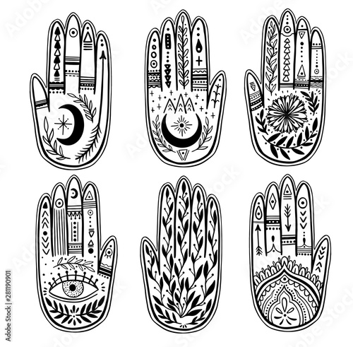 Palmistry of the hand set, black and white drawing in a circle on a white background.