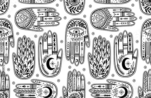 Palmistry of the hand pattern, black and white drawing in a circle on a white background.