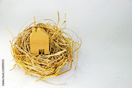 Wooden little house on nest made from rice straw on gradient white background.