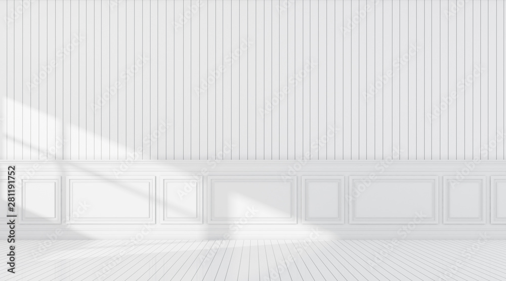 3D stimulate of white empty room and wood plank floor with sun light cast shadow on the wall,Perspective of classic interior design. 3D stimulate of white empty room and wood plank floor with sun light cast shadow on the wall,Perspective of classic interior design.
