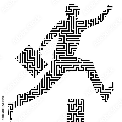 Running man silhouette with maze or labyrinth texture. Isolated.