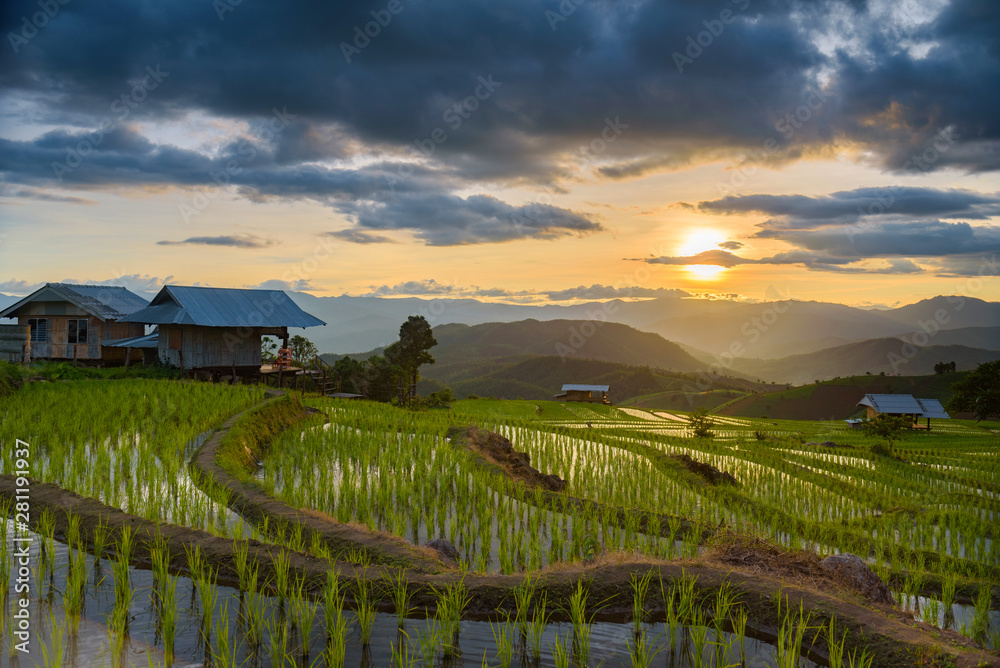 Beautiful view of Pa Pong Piang rice terraces in sunset on the mountains at Mae Chaem District,Chiang Mai Province ,in the northern Thailand.