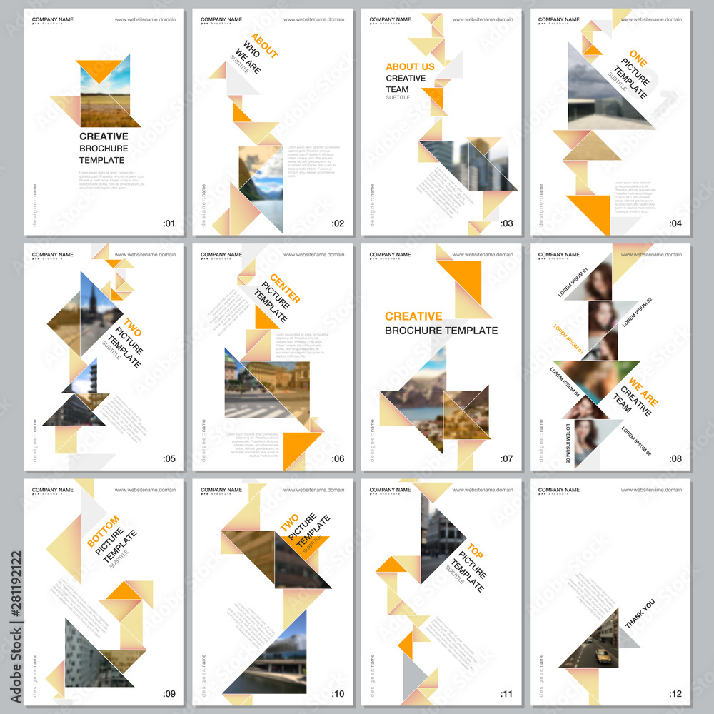 Creative brochure templates with colorful triangle origami paper elements on black background. Covers design templates for flyer, leaflet, brochure, report, presentation, advertising, magazine.