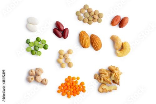 Mix of dry plant protein sources: beans, lentils, peas, chickpeas, and nuts. Isolated over white, clipping path at 300%