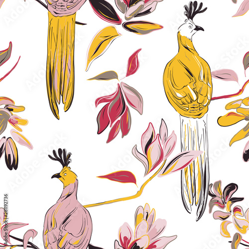Botanical print with big birds and flower bloosom. Vector fabric print. Cute nature illustration. Wildlife Graphic design. Summer drawing sketch