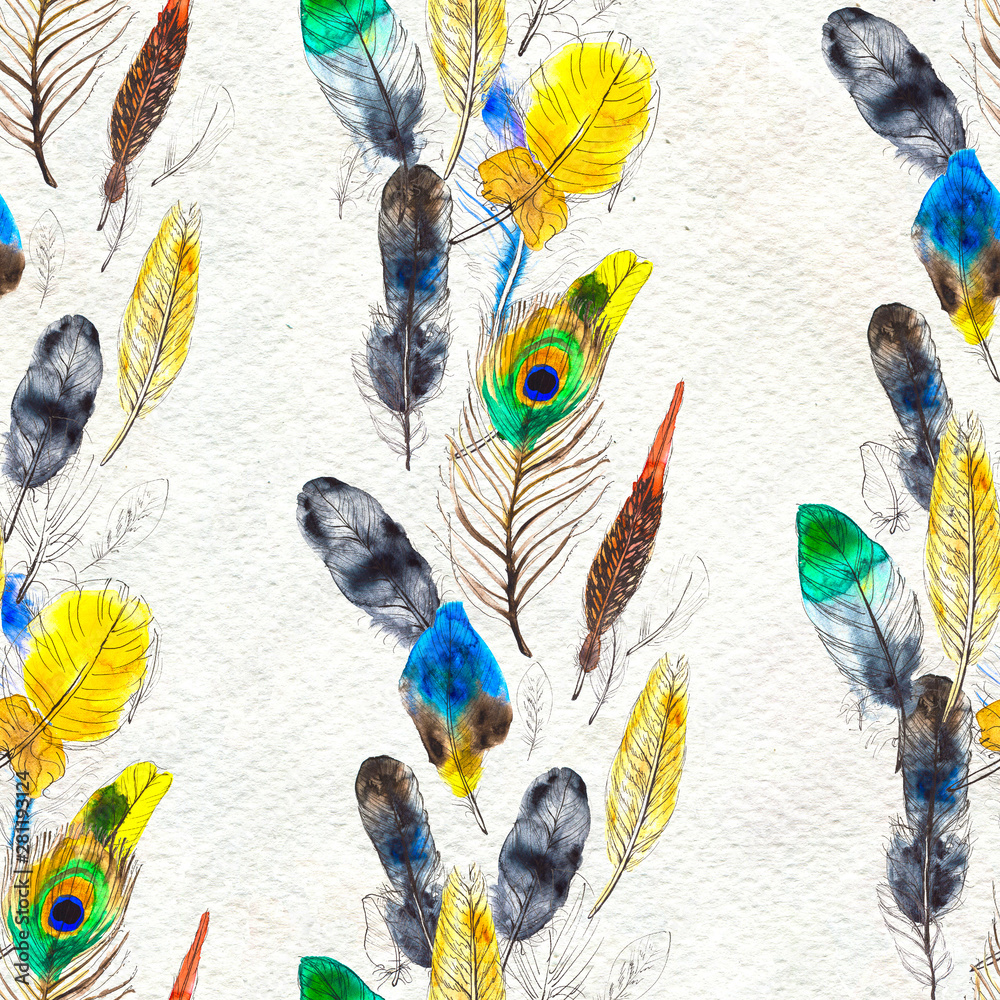 Fototapeta Watercolor feathers seamless pattern. Hand painted texture