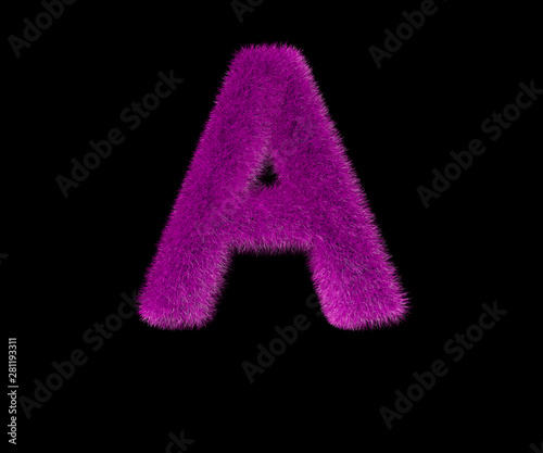 comical glamorous purple hirs alphabet isolated on black - letter A, glamorous concept 3D illustration of symbols