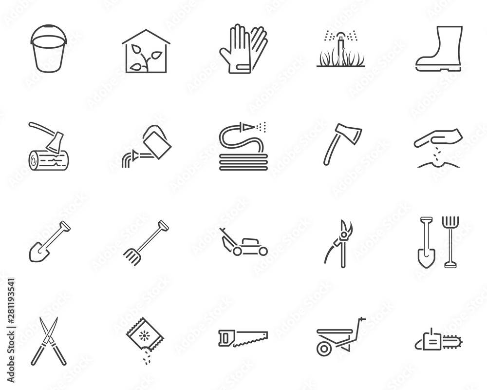 Gardening tool line icons set. linear style symbols collection, outline signs pack. vector graphics. Set includes icons as greenhouse, watering hose, seedling, rack and shovel, lawn mower, wheelbarrow Gardening tool line icons set. linear style symbols collection, outline signs pack. vector graphics. Set includes icons as greenhouse, watering hose, seedling, rack and shovel, lawn mower, wheelbarrow